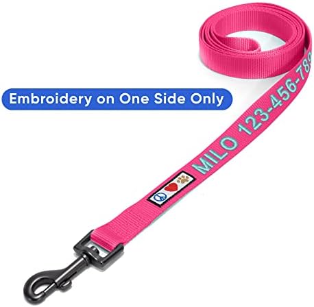 Pawtitas Personalized 6 ft Pink Dog Leash XS/S Custom Name and Phone Embroidery Strong Nylon Leash for Small Breeds