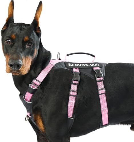 Huntboo Service Dog Vest Harness, Escape Proof Harness with 6 Patches, No-Pull, Reflective Harness with Handle, Adjustable for Small to Large Dogs, for Training and Hiking (Pink, L)