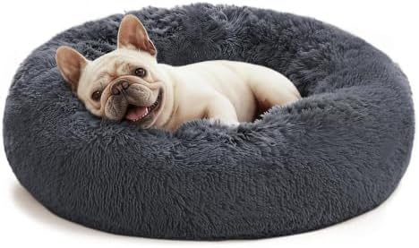 Love's cabin Calming Cat Bed for Indoor Cats, Anti-Anxiety Donut Round Dog Bed,Fluffy Faux Fur Washable Pet Bed for Small Medium Dogs and Cats, Bluish Grey, 24in