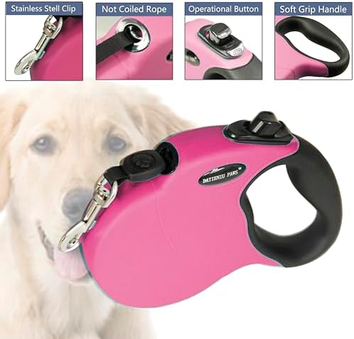 Small 13 FT Retractable Dog Leash – Hands-Free Adjustable Leash for Dogs Up to 22lbs, Tangle-Free Nylon with Ergonomic Grip for Walking, Training & Outdoor Safety Pink S