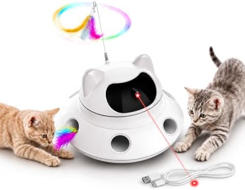 3-in-1 Auto Laser Cat Toy, USB Recharge Motion Activated Kitten Feather Chase Toy - Off-White