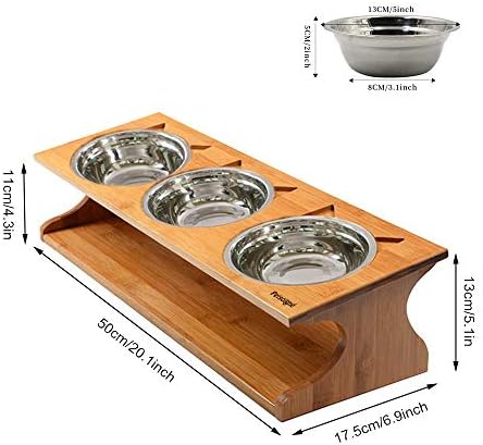 Cat Bowls Pet Dining Table with Raised Slope Wooden Stand Elevated Pet Bowls with Oblique Stand for Cats, Dogs, Kitten and Puppy (3 Bowls, Steel)