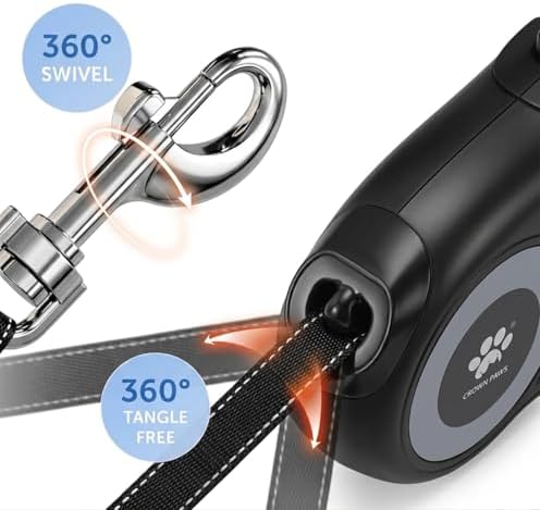 16 ft Retractable Dog Leash for Extra Large Dogs up to 130 lbs,Tangle-Free Nylon Tape,Black Dan24 XL
