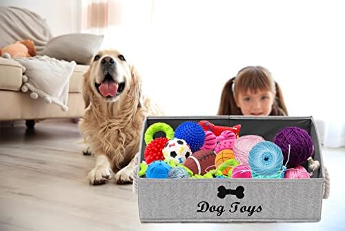 Geyecete Large Dog Toys Storage Bins-Foldable Fabric Trapezoid Organizer Boxes with Weave Rope Handle,Collapsible Basket for Shelves,Dog Apparel(Striped Gray-Dog)