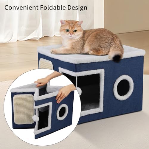 Shikha Cat House Bed for Indoor Cats with Fluffy Ball and Scratch Pad Blue