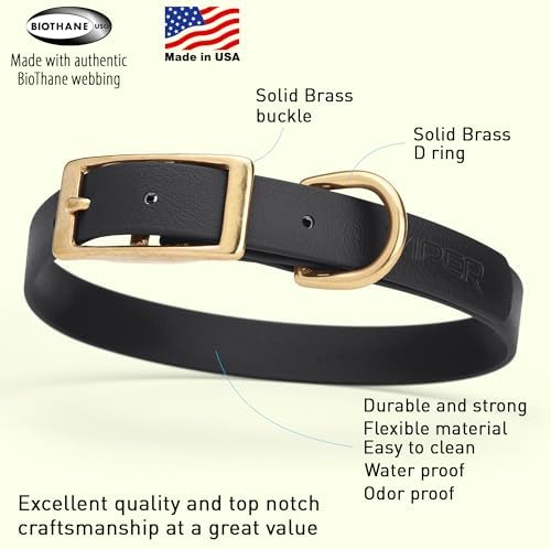 Viper Biothane Heavy Duty Waterproof Dog Collar Strong Coated Nylon Webbing w/Solid Brass Hardware Odor-Proof Easy to Clean High Performance Fits Small Medium or Large Dogs, Black