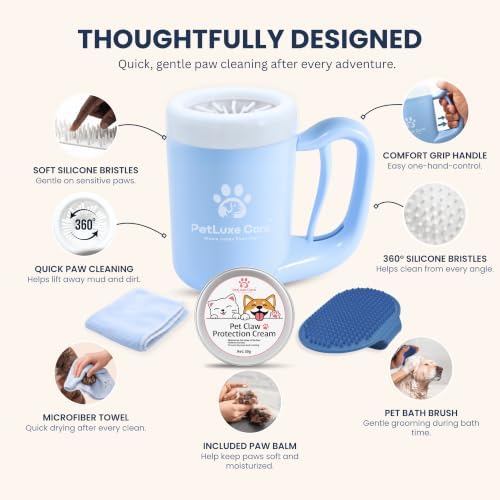 Dog Paw Cleaner, Paw Washer Cup with Soft Silicone Bristles, Portable Dog Foot Washer, 4-in-1 Paw Cleaner Kit with Paw Balm, Microfiber Towel & Grooming Brush (Blue, Medium)