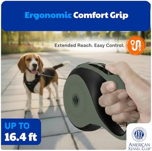 American Kennel Club Retractable Dog Leash, 16.4ft, Tangle-Free, Ergonomic Grip, One-Hand Brake, for Medium & Large Dogs up to 66 lbs, Green