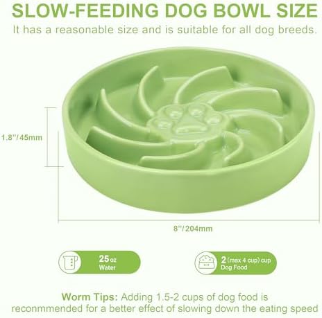 Ceramic Slow Feeder Dog Bowl, 3 Cup Dog Food or 25oz Water, Slow Eating Bowl for Middle Breed, Maze Puzzle Feeder for Fast Eaters, Anti-Choking Stop Bloat, Non-Slip BPA Free (Green)
