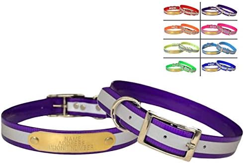 Reflective Dayglo Dog Collar Free Engraved Brass ID tag USA (Purple 23")