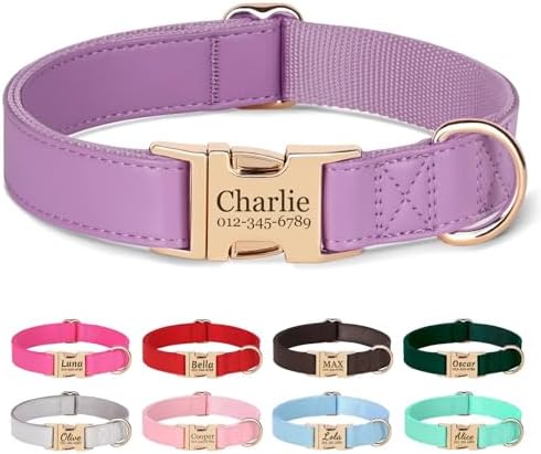 PET ARTIST Personalized Dog Collars, Custom Dog Collar with Engraved Silent Name Tag, Gold Quick Released Buckle & Soft Nylon Padded, 9 Colors & Matching Leash for Small Dogs,Purple,S Fit 9-14"