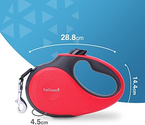 FurDreams Dog Lead - Retractable, Anti-Tangle Nylon Tape Leash Lock Button, Comfortable Handle, Multiple Sizes & Colours - 5m Extendable for Dogs Under Your Control! Heavy Duty Small Up to 15kg Red