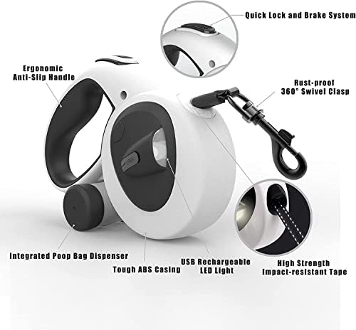 4-in-1 Retractable Dog Leash with LED Light & Dispenser & Poop Bags