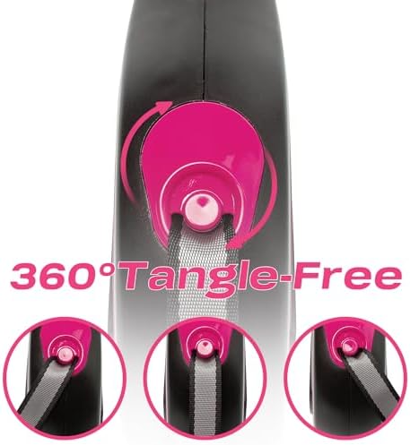 PINA Retractable Dog Leash, 16ft Dog Leash for Small Medium Dogs Up to 44lbs, 360° Tangle-Free Strong Reflective Nylon Tape, with Anti-Slip Handle, One-Handed Brake, Lock - Black Pink