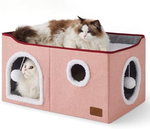 Bedsure Extra Wide Cat House Bed with Fluffy Ball and Scratch Pad,Pink