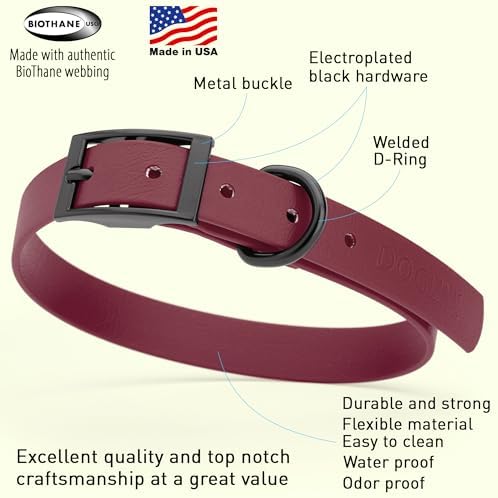 Dogline Biothane Waterproof Dog Collar Strong Coated Nylon Webbing with Black Hardware Odor- Proof for Easy Care Easy to Clean High Performance Fits Small Medium or Large Dogs, Merlot Burgundy
