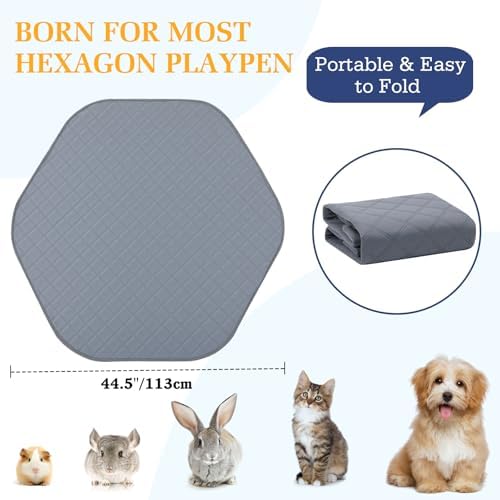 Pawaboo Pee Pad for Dogs and Cats, Hexagon Small Animals Cage Tent Pee Pad, Pet Absorbent Mat Reusable Dog Playpen Liner, Pet Fence Mat with Non-Slip Rubber Pads for Indoor/Outdoor, 44.5in, Gray