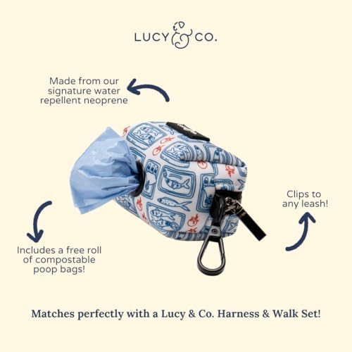 Lucy & Co. Tinned Fish Dog Poop Bag Holder and Dispenser, Clips to Leash, Water-Repellent Neoprene, Includes Refill Roll