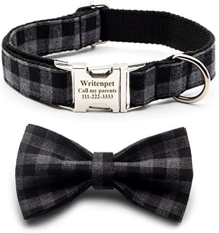 Personalized Dog Collar with Bowtie, Customized Engraving Name Phone Number Address, Adjustable Sizes for Small Medium Large Dogs, Leash Optional (Gray/Black Plaid)