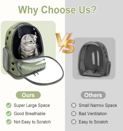 Cat Backpack Carrier, Breathable Cat Carrier Large Space Bubble Pet Backpack for Kitty Small Dog up to 20lbs, Transparent & Foldable Pet Carrier for Travel Hiking, Green