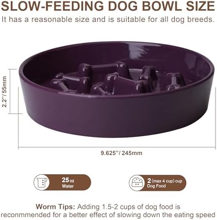 Ceramic Slow Feeder Dog Bowls, Ceramic Slow Feeder Maze Dog Food Bowl, Slow Eating Dog Bowl and Slow Feeder Dog Bowl Anti-Choking for Daily Pet Feeding （Purple Bone）