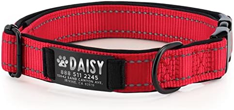 Improved - Personalized Dog Collars w/Engraved Metal ID Nameplate for Name & 3 Lines Text - Custom 20 Icons, 4 Adjustable Sizes, 10 Fonts, Dog Collar for Large Dogs, Dog ID Tag Personalized, Red