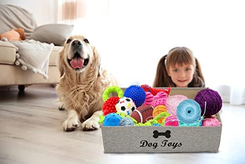 Geyecete Large Dog Toys Storage Bins - Foldable linen Trapezoid Organizer Boxes with weave Rope Handle, Collapsible Basket for Shelves (Light Brown-DOG)