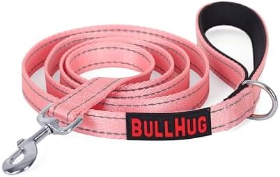 BULLHUG 6 FT Bulldog Leash with Padded Handle. Perfect for Bulldogs, French Bulldogs, Pugs & All Breeds. Leashes for Walking, Training Lead for Bulldogs (Reflective Stitching, BABYPINK)
