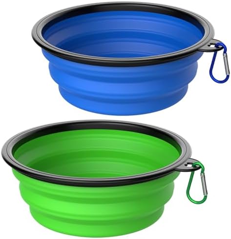 Collapsible Dog Bowls [2 Pack] 20 oz, Travel Dog Bowls, Pet Bowl Portable Foldable Water Food Feeding Dishes with Carabiner Clip for Traveling Hiking Walking-Green & Blue