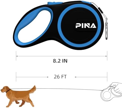 PINA Retractable Dog Leash, 26ft Dog Leash for Small Medium Large Dogs Up to 110lbs, 360° Tangle-Free Strong Reflective Nylon Tape, with Anti-Slip Handle, One-Handed Brake, Lock - Black Blue
