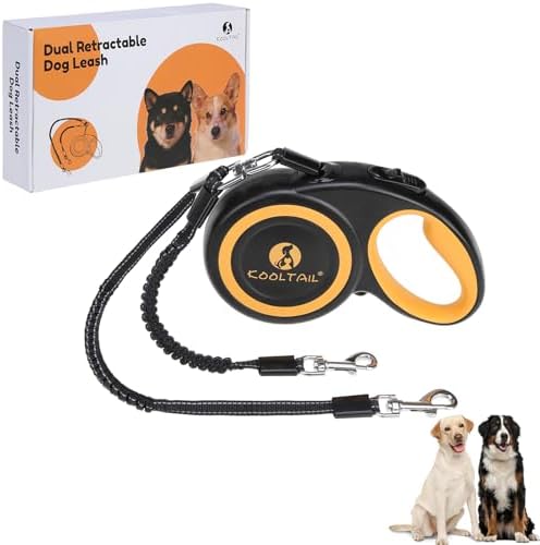 KOOLTAIL Dual Retractable Dog Leash for Two Dogs Up to 110 Lbs, Heavy Duty Double Headed 16 ft Extendable 360° Tangle-Free One Button & Lock Leash Shock Absorbing Bungee for Small Medium Large Dogs