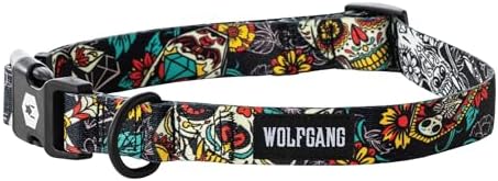 Wolfgang Heavy Duty, Adjustable Dog Collar with Quick Release Nylon Buckle for Walking & Training, LosMuertos Print, Small