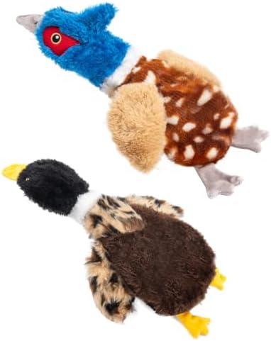 Duck Dog Toys, 2-Pack Stuffing-Free Squeaky Plush Bird Toys with 8 Total Squeakers, Hollow Body No-Stuffing Design for Small Medium Dogs