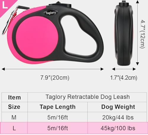 Taglory Retractable Dog Leash, One-Handed Brake, 16ft, Up to 44 lbs, Pink