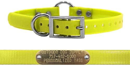 Lightweight Waterproof D & Center Ring Dog Collar w Custom Name Tag, Yellow