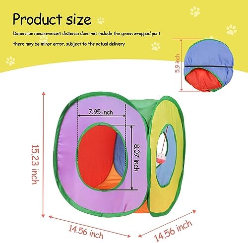 Andiker Cat Tunnel, Foldable Square Colorful Kitten Pop Up Tent Matches with Most Cat Tubes Polyester Kitten Tent with a Bell Ball 3 Holes Kitten Tubes to Hide Play (Square S)