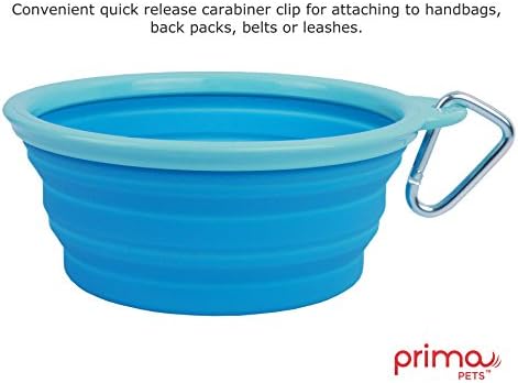 Prima Pet Expandable / Collapsible Silicone Food & Water Travel Bowl with Clip for Medium & Large Dog, Portable and Durable Pop-up Feeder for Convenient On-the-go Feeding, Size: 5 Cups (7 Inch Diameter Bowl) (LARGE (5 CUPS), AQUA)