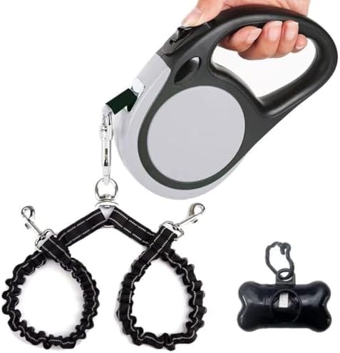 Dual Retractable Dog Leash for 2 Large Dogs (Up to 110 Lbs Each) - 18.5 FT Extendable Double Headed Pet Leash with Poop Bags, Non Slip Grip - One Button Break & Lock, 360 Tangle-Free (Gray, Large)