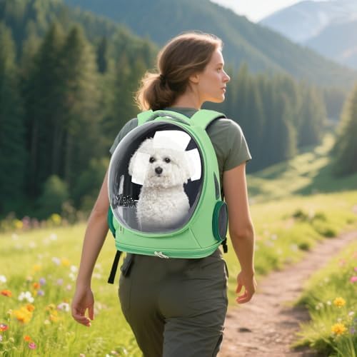 PETCUTE Cat Backpack Carrier,Transparent Space Capsule Dog Hiking Backpack with Safety Hook,Small Pet Carrier for Cats Puppies,Airline Approved Travel Bag for Travel Hiking Walking Camping,Green