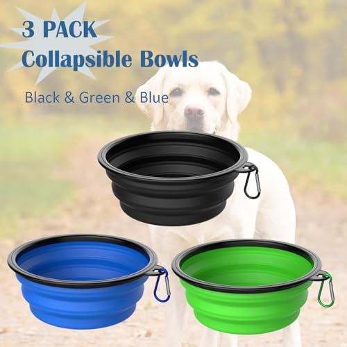 Collapsible Dog Bowls [3 Pack] 20 oz, Travel Dog Bowls, Pet Bowl Portable Foldable Water Food Feeding Dishes with Carabiner Clip for Traveling Hiking Walking-Black & Green & Blue
