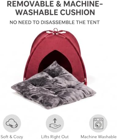 Winsterch Red Cat Tent Covered Pet House for Indoor Cats， Washable Cushion