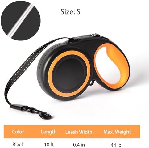 360° Tangle-Free Retractable Dog Leash, Heavy Duty Reflective Nylon Tape Lead 10 ft Long, up to 44lbs, One Touch Quick-Lock Braking System & Anti-Slip Handle (Black, Small)