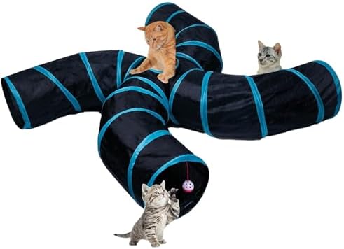 EGETOTA Cat Tunnel for Indoor Cats Large, with Play Ball S-Shape 4 Way Collapsible Interactive Peek Hole Pet Tube Toys, Puppy, Kitty, Kitten, Rabbit (S4 - Black & Blue)
