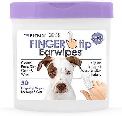 Petkin Fingertip Ear Wipes for Dogs and Cats, 50 Finger Wipes - Slip-On, Snug Fit, Micro-Bristle Fabric - Cleans Ears, Dirt, Odor and Wax - Convenient, Ideal for Home and Travel - Fresh Scent