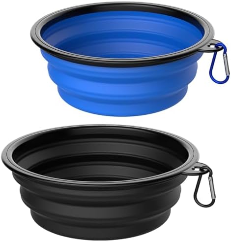 Collapsible Dog Bowls [2 Pack] 20 oz, Travel Dog Bowls, Pet Bowl Portable Foldable Water Food Feeding Dishes with Carabiner Clip for Traveling Hiking Walking-Black & Blue