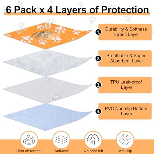 BEAUTYZOO 6 Pack Washable Pee Pads for Dogs,Reusable Puppy Pad 16x24 Orange