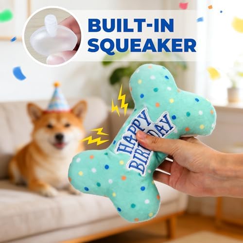 PrimePets Dog Birthday Toys, Plush Dog Squeaky Toys, Stuffed Puppy Chew Toy for Small Medium Large Dogs, Bone Pet Toy