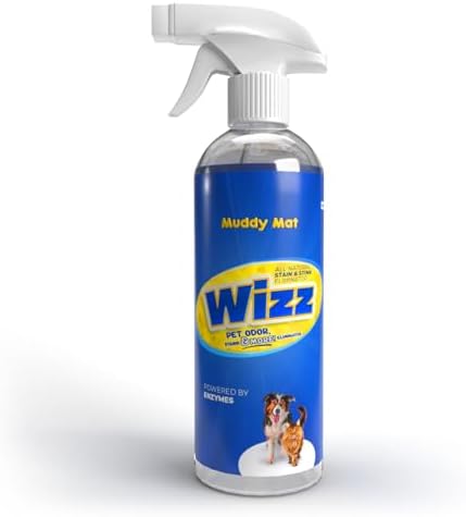 Muddy Mat® Wizz Stain & Odor Remover for strong odor of Cat & Dog Pee Cleaner, Pet urine odor eliminator, Remove strain and Odor from carpets, fabric, clothing, furniture & Pets - 24oz Spray