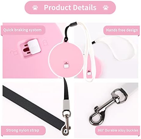 Retractable Dog Leash for Small and Medium Dogs up to 22lbs with 9.8ft Strong Nylon Tape, Hands Free, Portable and Lightweight Leash with Wrist Strap, One-Hand Brake, Tangle Free (Pink)