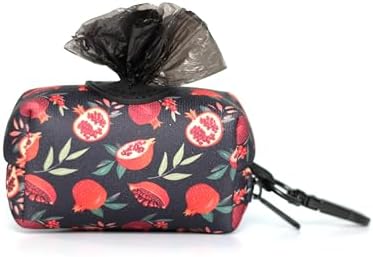KIKI & RIKI Premium Dog Poop Bag Holder, Waste Bag Dispenser with Leash Clip, Artist-Designed Print (Designed in Georgia), Includes 1 Starter Roll of Bags, Fits Standard Rolls, Black (Red Pomegranate)